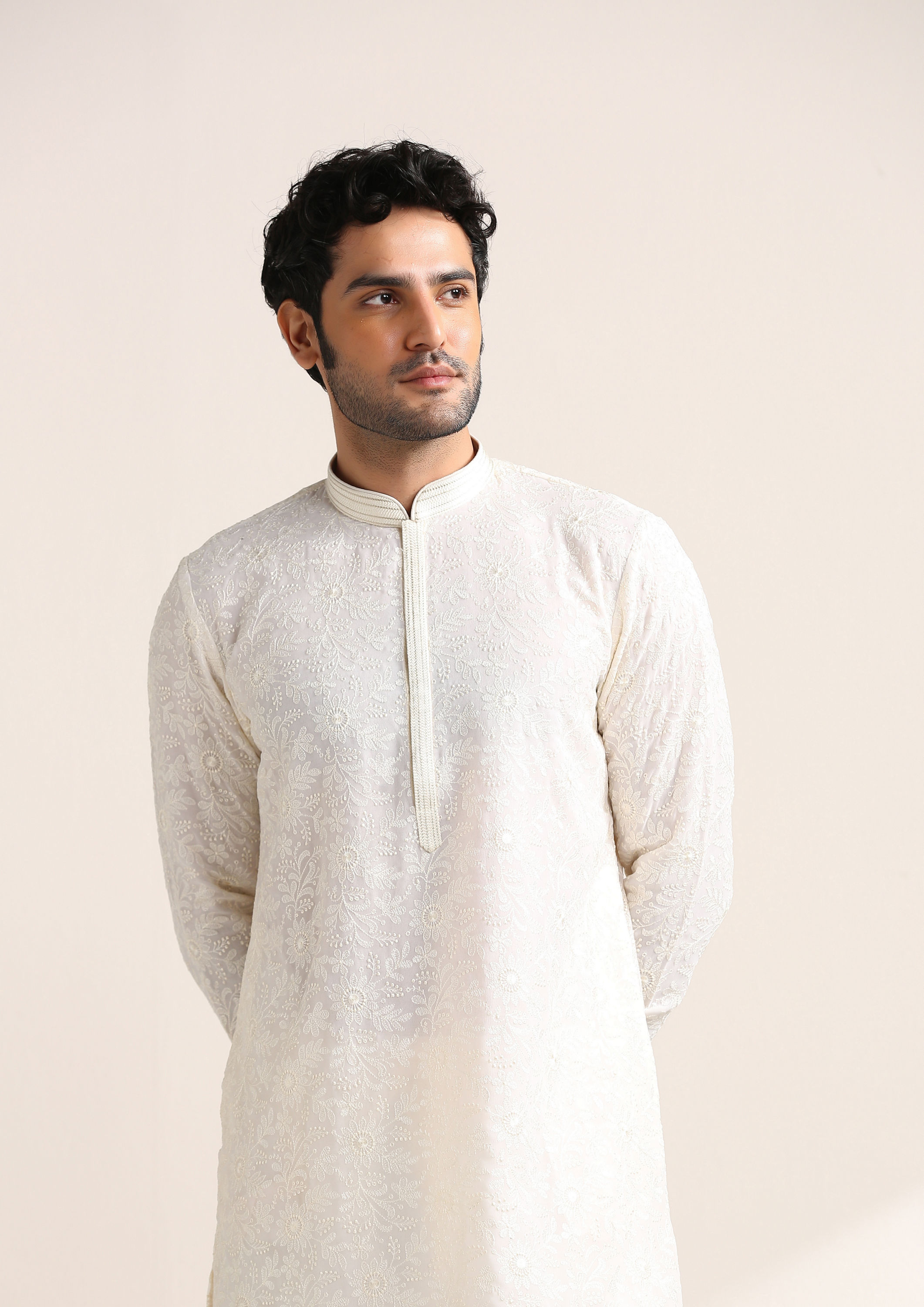 Twamev Men Cream White Chikankari Embroidered Kurta Set