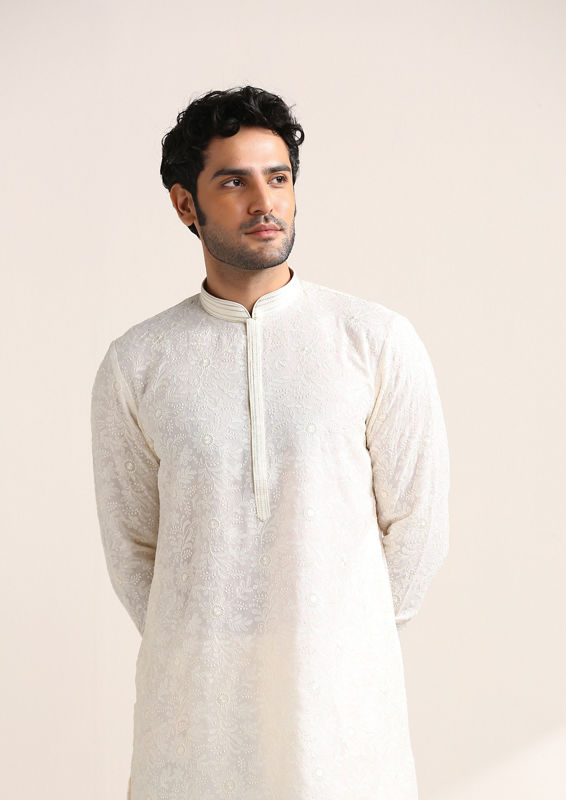 Twamev Men Cream White Chikankari Embroidered Kurta Set