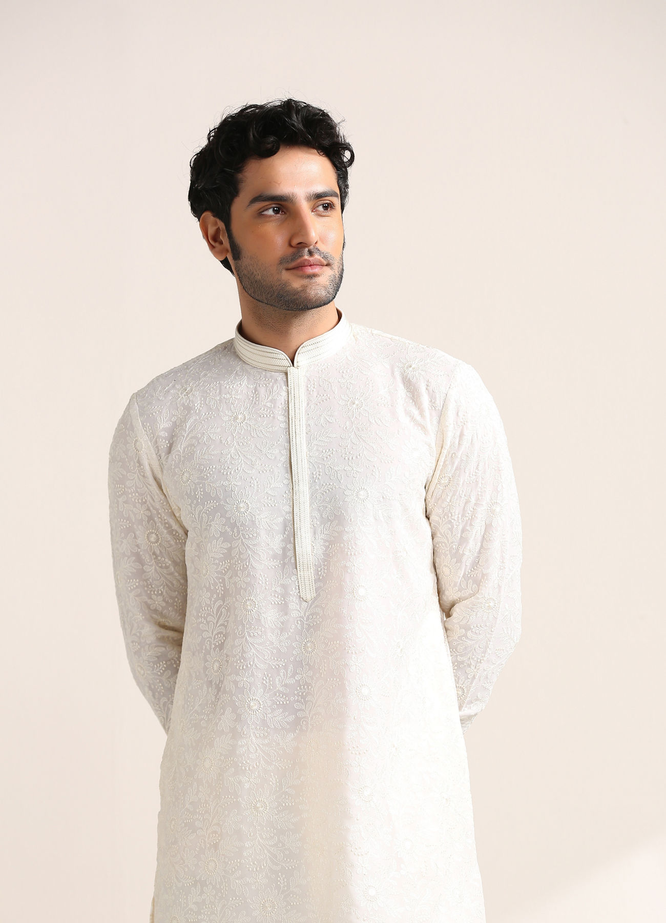 Twamev Men Cream White Chikankari Embroidered Kurta Set