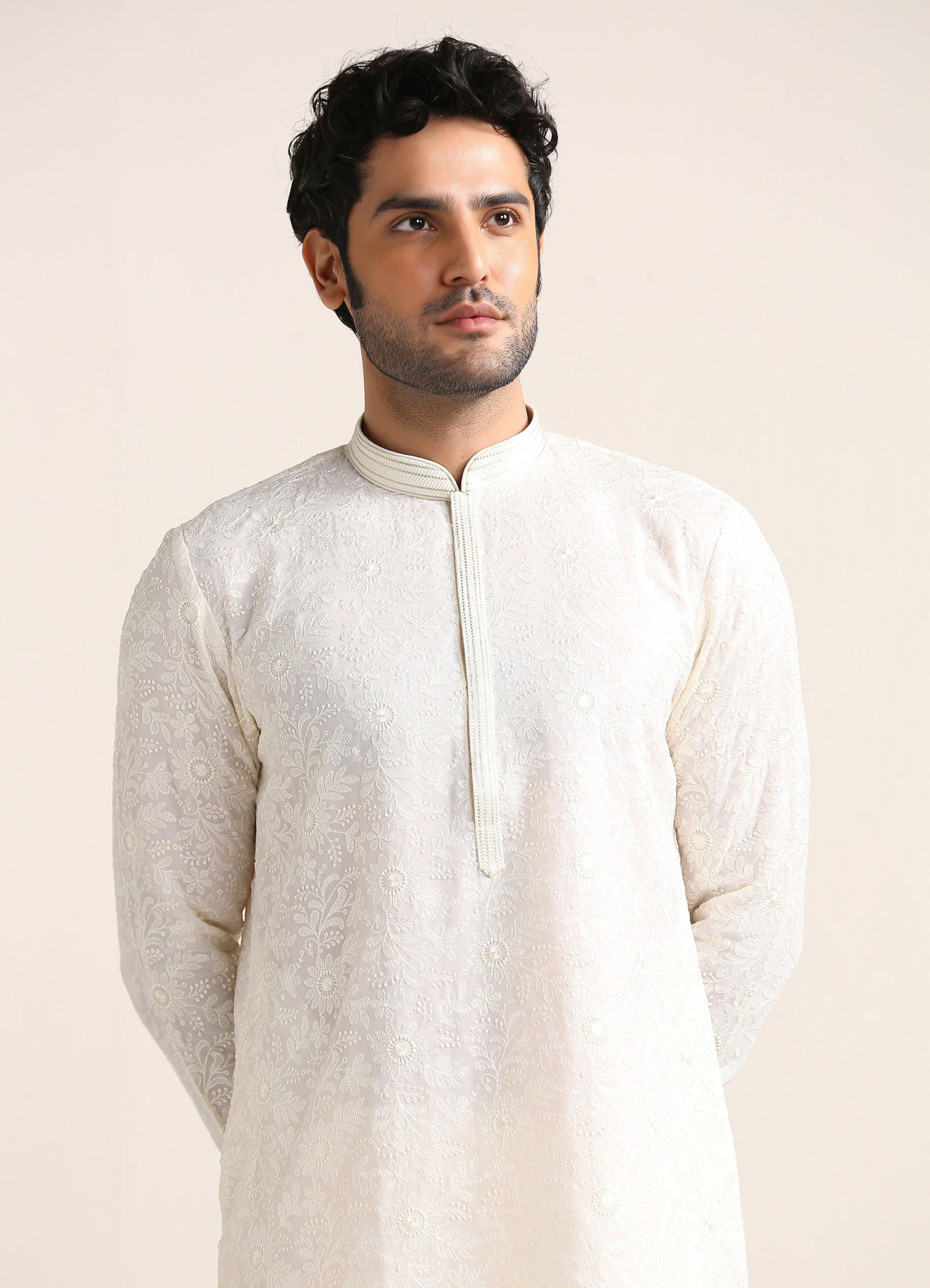 Twamev Men Cream White Chikankari Embroidered Kurta Set