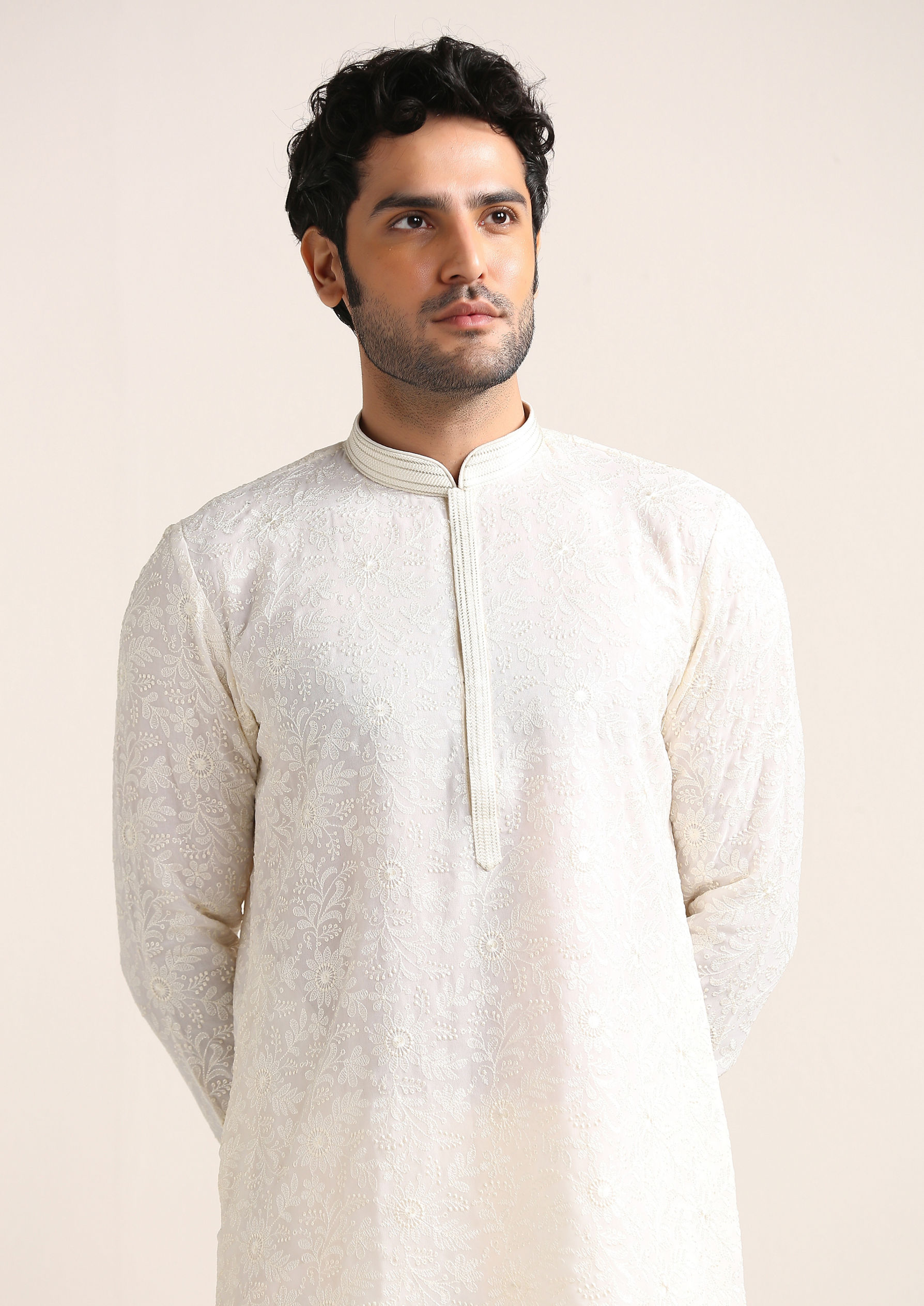 Twamev Men Cream White Chikankari Embroidered Kurta Set