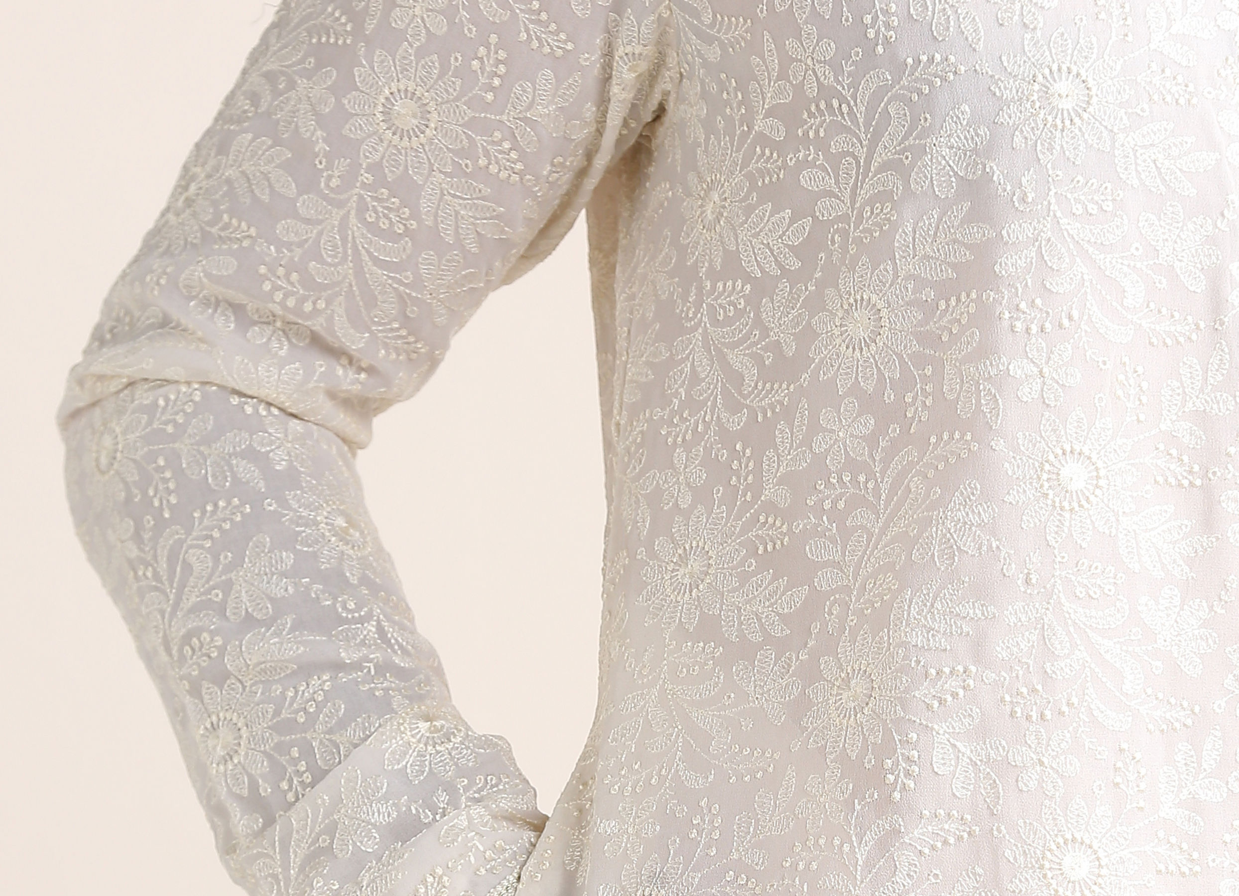 Twamev Men Cream White Chikankari Embroidered Kurta Set