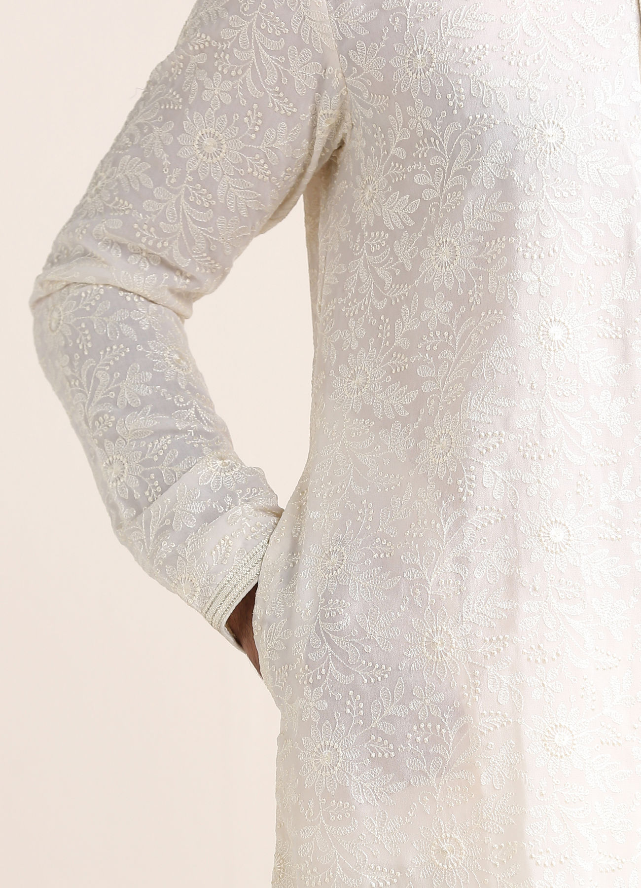 Twamev Men Cream White Chikankari Embroidered Kurta Set