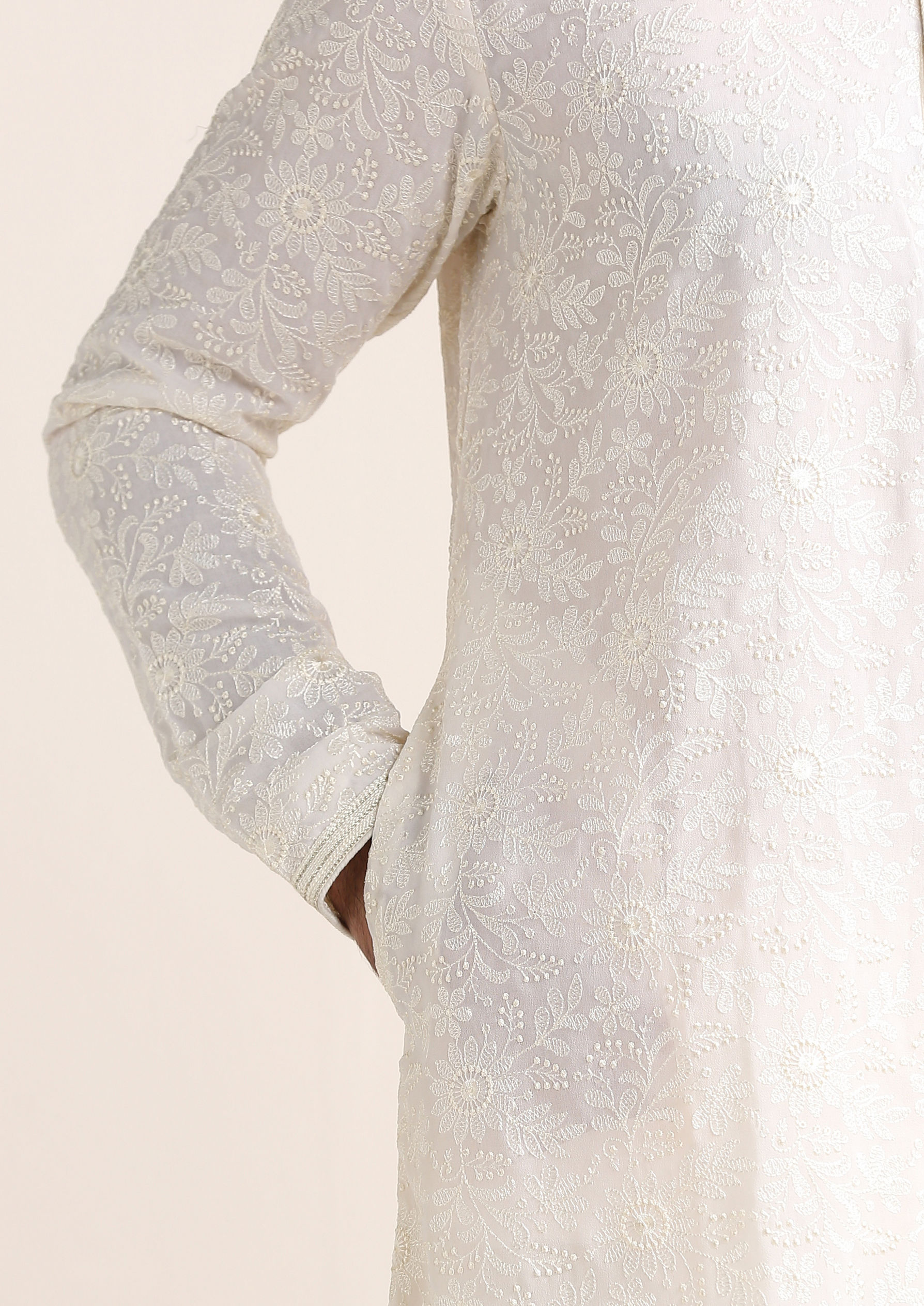 Twamev Men Cream White Chikankari Embroidered Kurta Set
