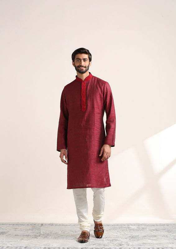 Twamev Men Chili Pepper Red Embroidered Placket Kurta Set