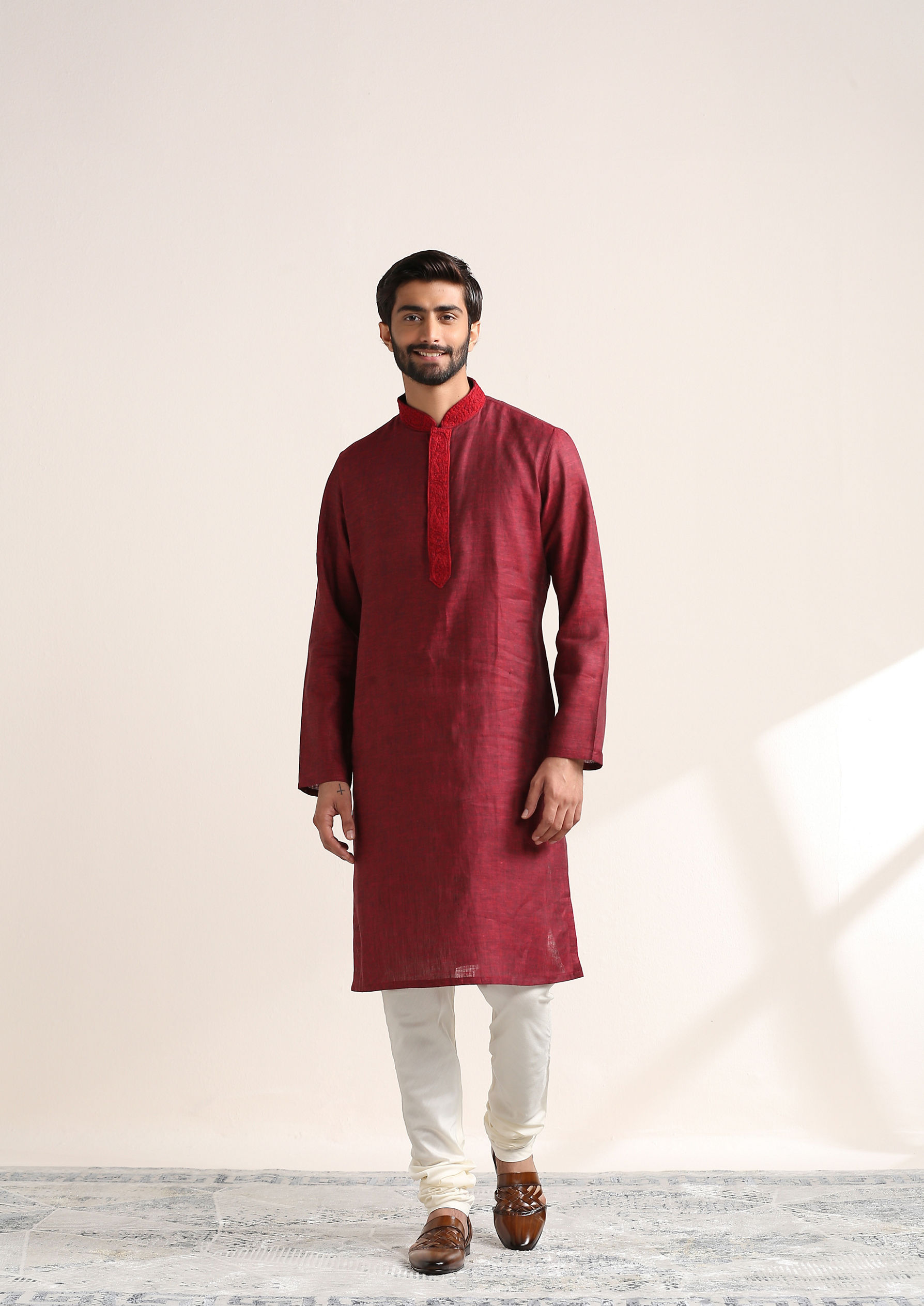 Twamev Men Chili Pepper Red Embroidered Placket Kurta Set