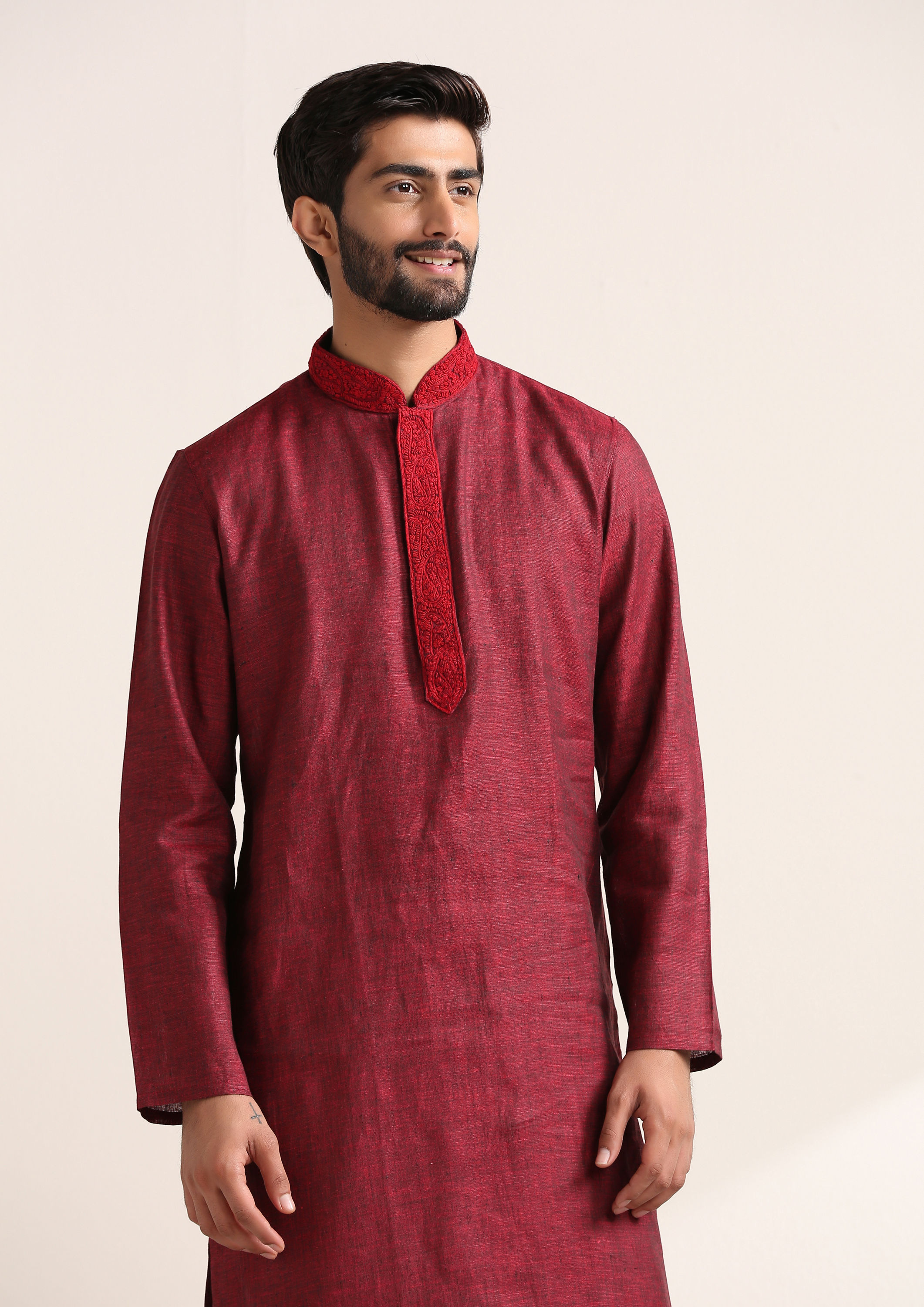 Twamev Men Chili Pepper Red Embroidered Placket Kurta Set