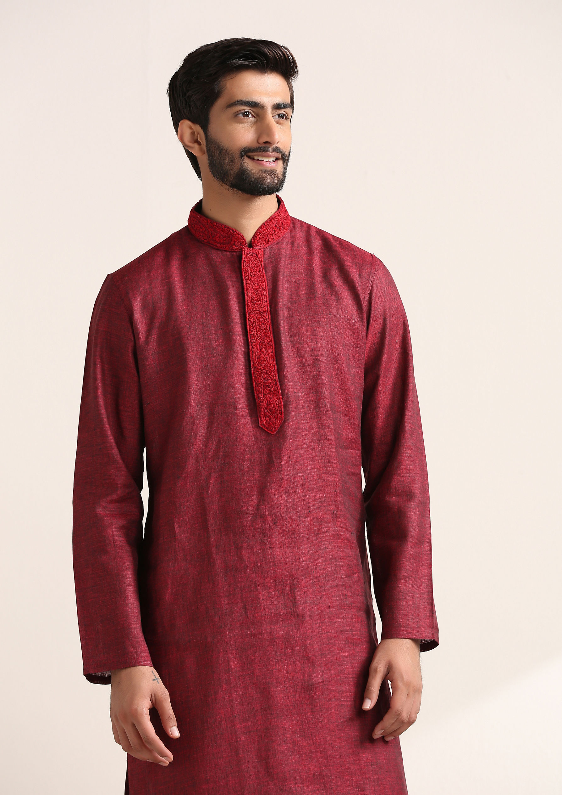 Twamev Men Chili Pepper Red Embroidered Placket Kurta Set