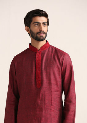 alt message - Twamev Men Chili Pepper Red Embroidered Placket Kurta Set image number 1