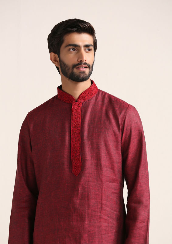 Twamev Men Chili Pepper Red Embroidered Placket Kurta Set