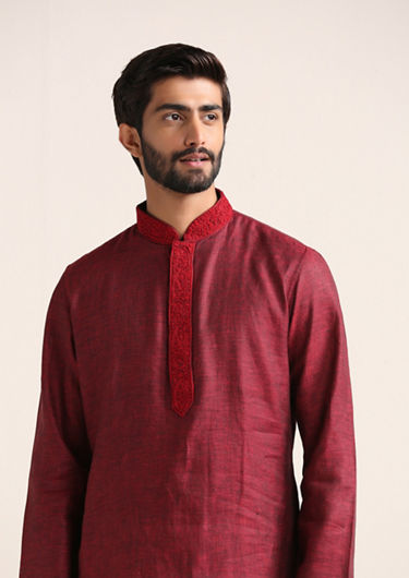 alt message - Twamev Men Chili Pepper Red Embroidered Placket Kurta Set image number 1