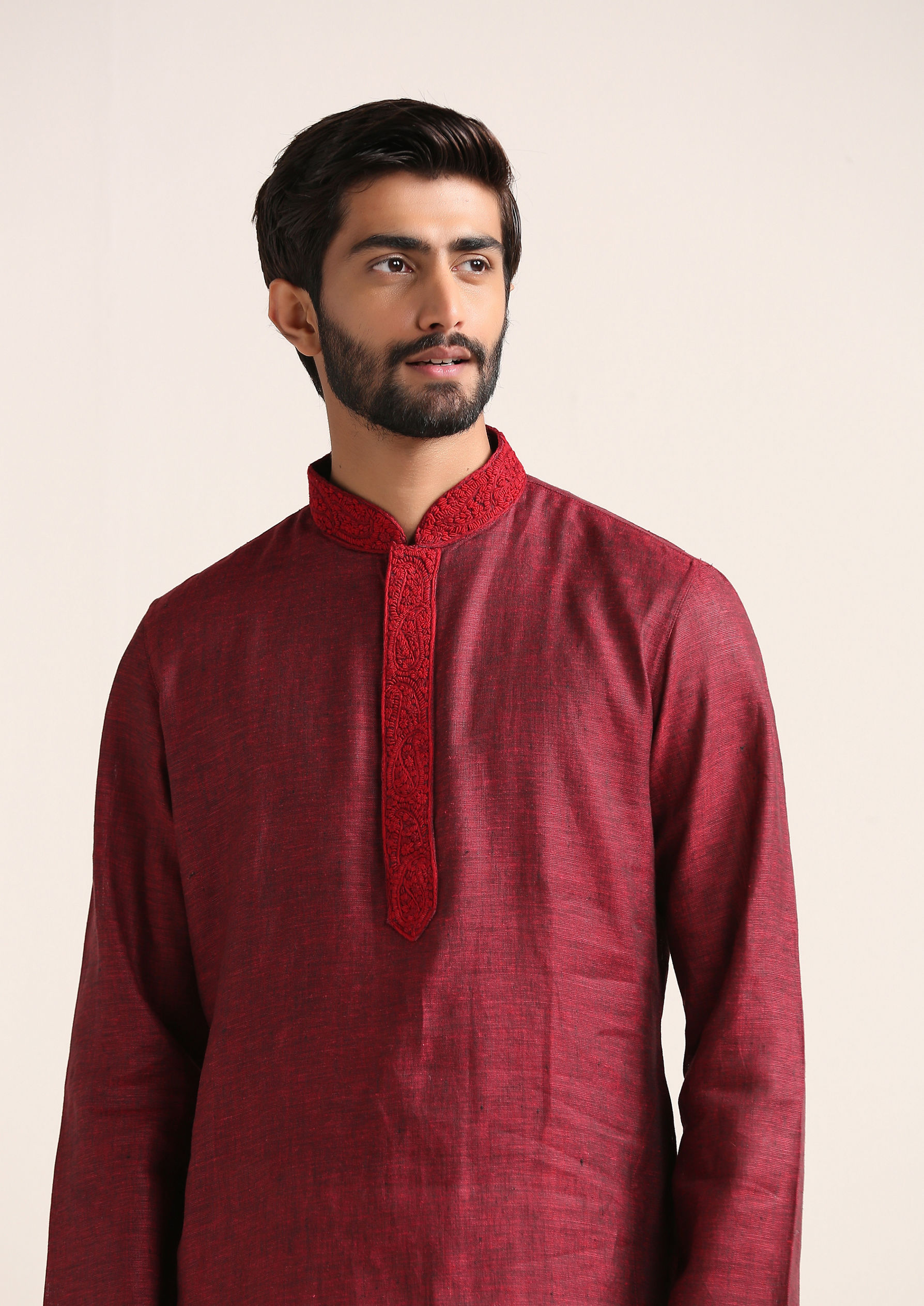 Twamev Men Chili Pepper Red Embroidered Placket Kurta Set