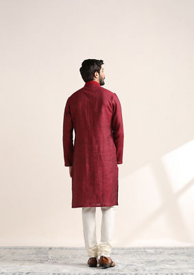 alt message - Twamev Men Chili Pepper Red Embroidered Placket Kurta Set image number 4