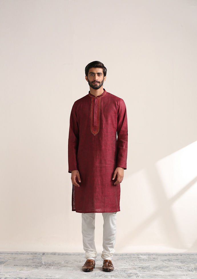 Twamev Men Dark Red Embroidered Neck Kurta Set