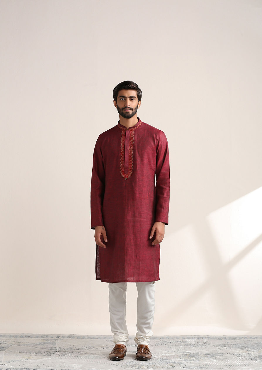 alt message - Twamev Men Dark Red Embroidered Neck Kurta Set image number 2