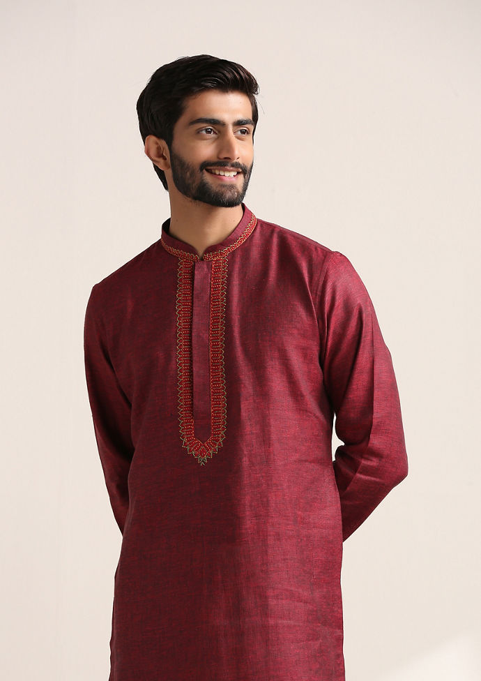 Twamev Men Dark Red Embroidered Neck Kurta Set