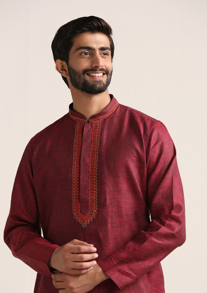 Twamev Men Dark Red Embroidered Neck Kurta Set