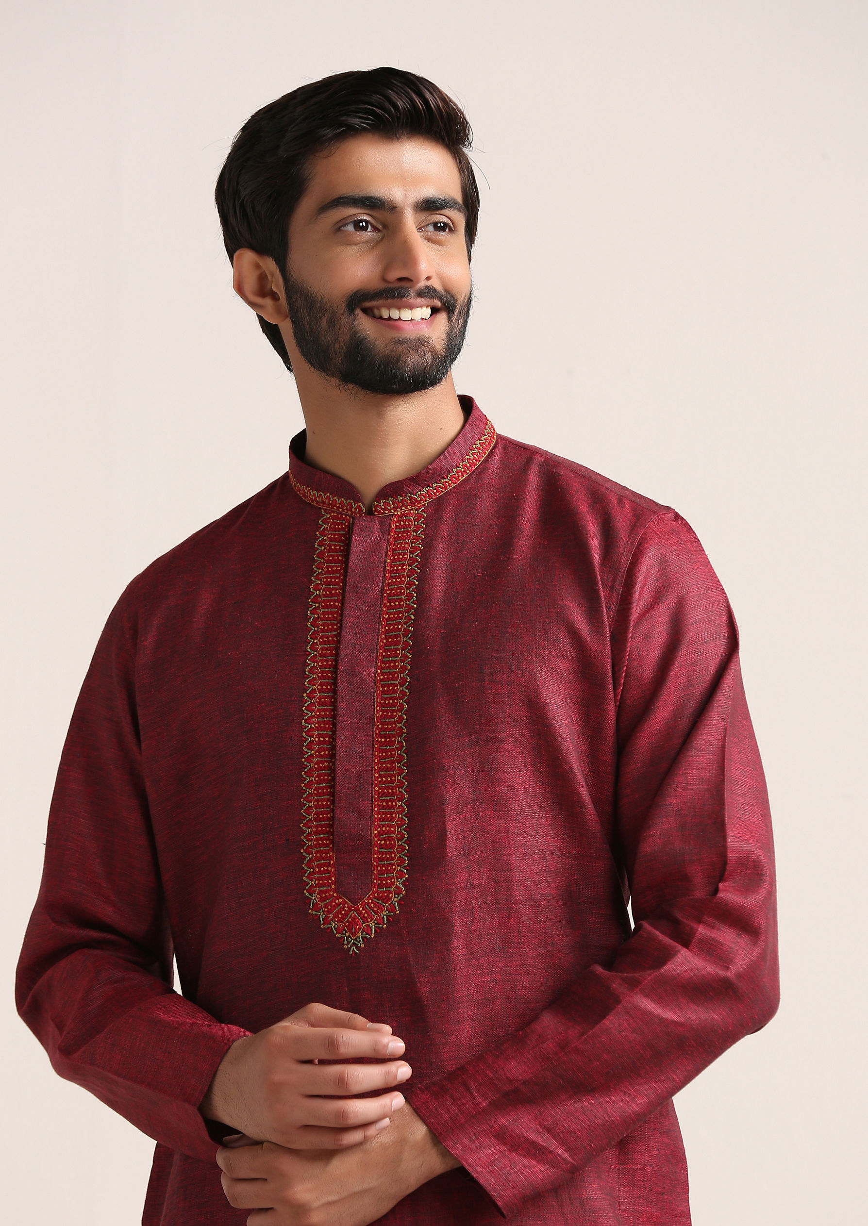 Twamev Men Dark Red Embroidered Neck Kurta Set