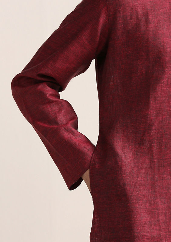 Twamev Men Dark Red Embroidered Neck Kurta Set