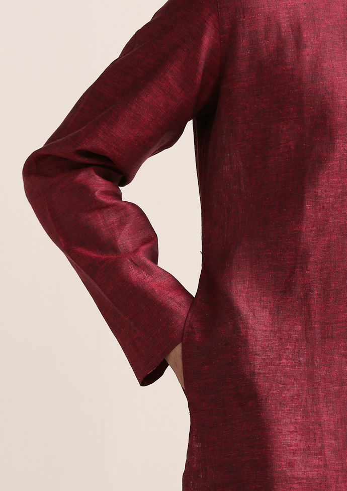 Twamev Men Dark Red Embroidered Neck Kurta Set