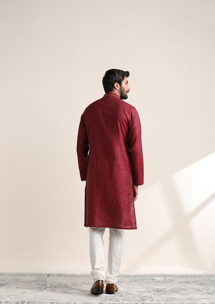 Twamev Men Dark Red Embroidered Neck Kurta Set