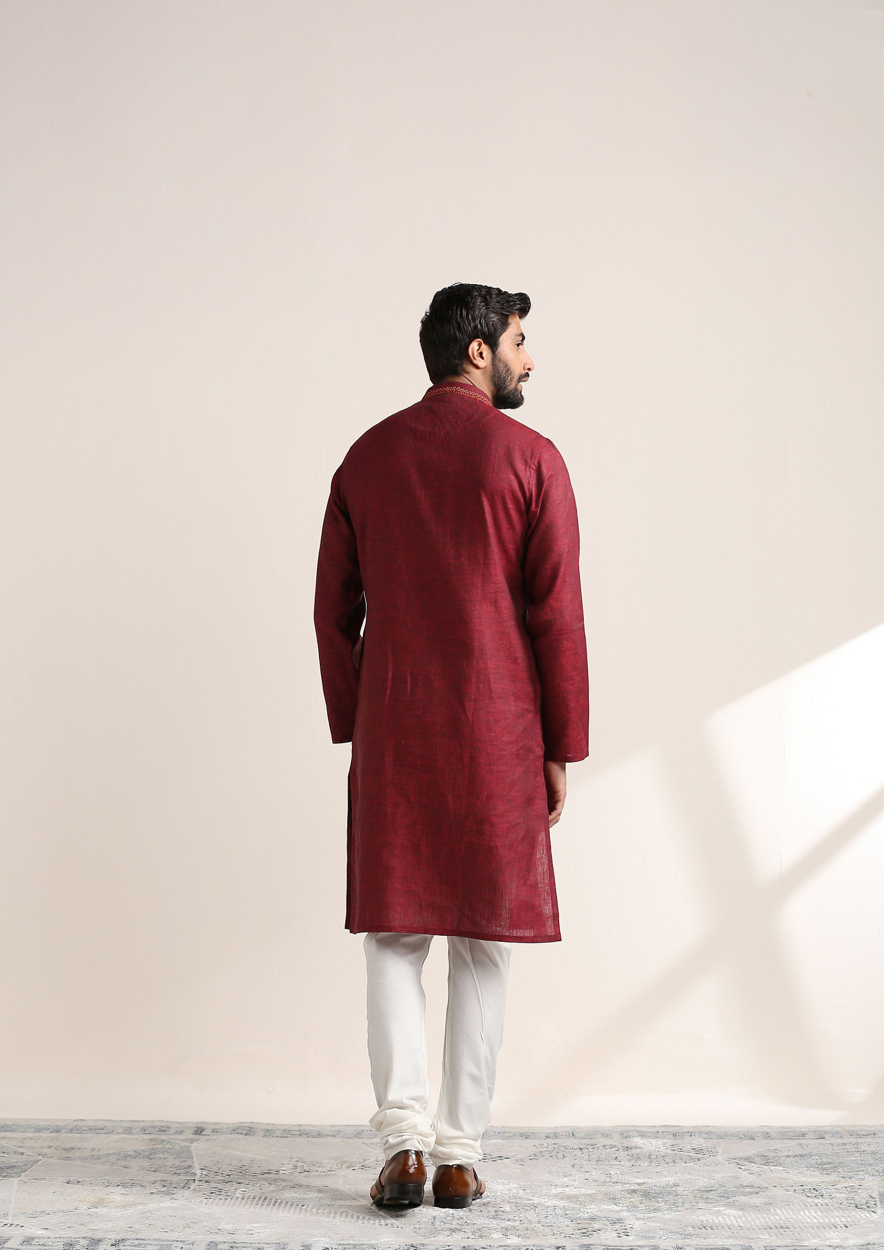 Twamev Men Dark Red Embroidered Neck Kurta Set