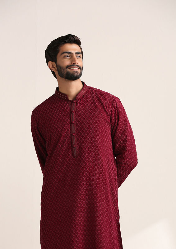 Twamev Men Minimalist Maroon Kurta Set