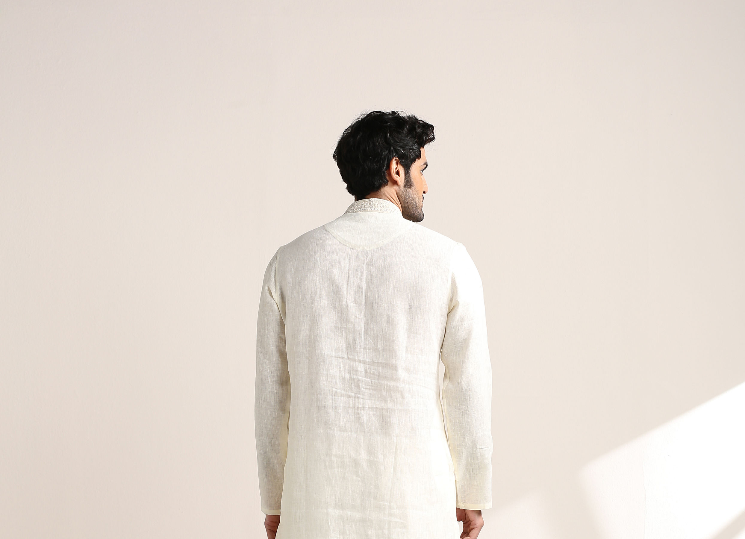 Twamev Men Soft Cream Embroidered Placket Kurta Set