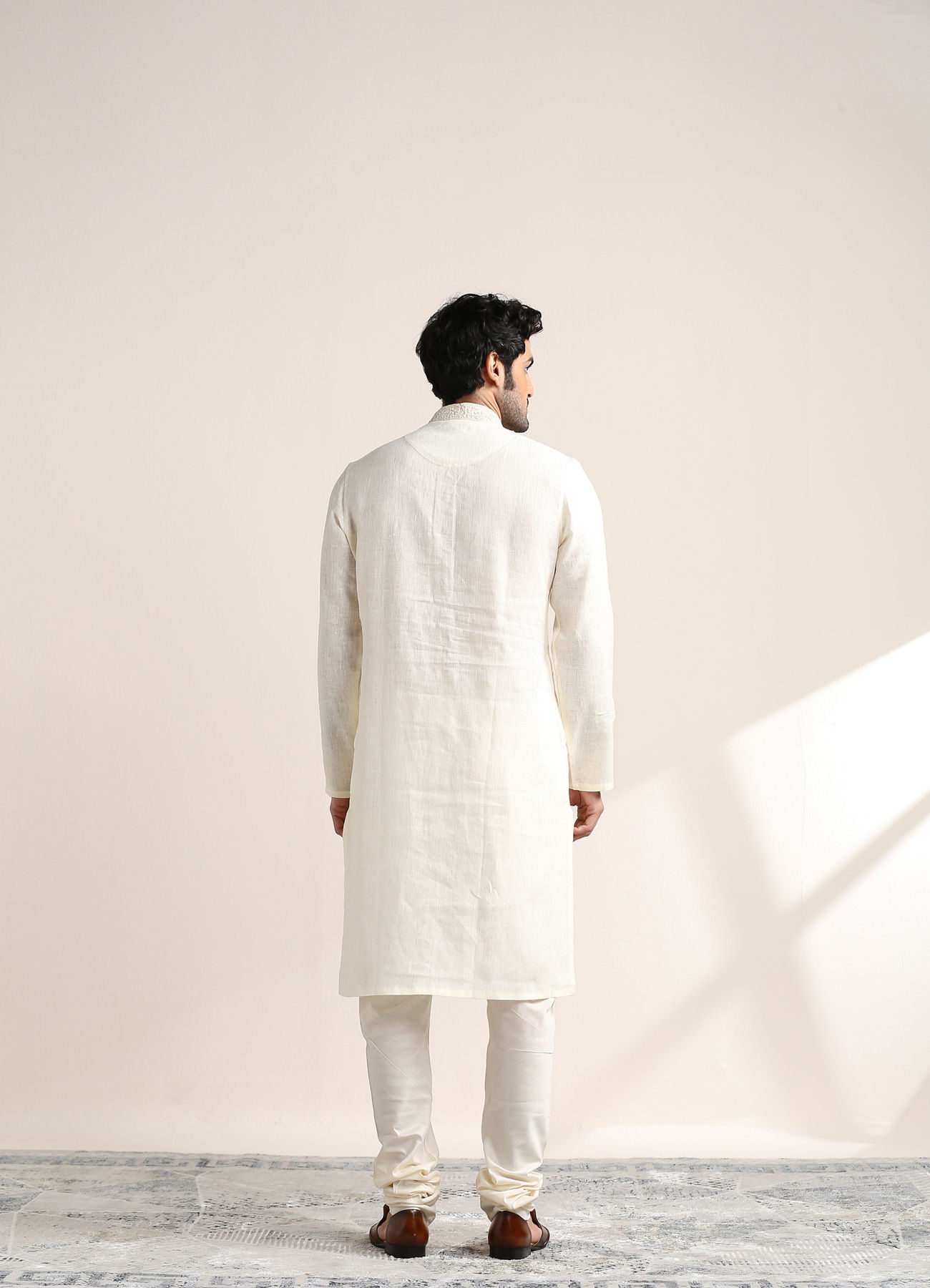 Twamev Men Soft Cream Embroidered Placket Kurta Set