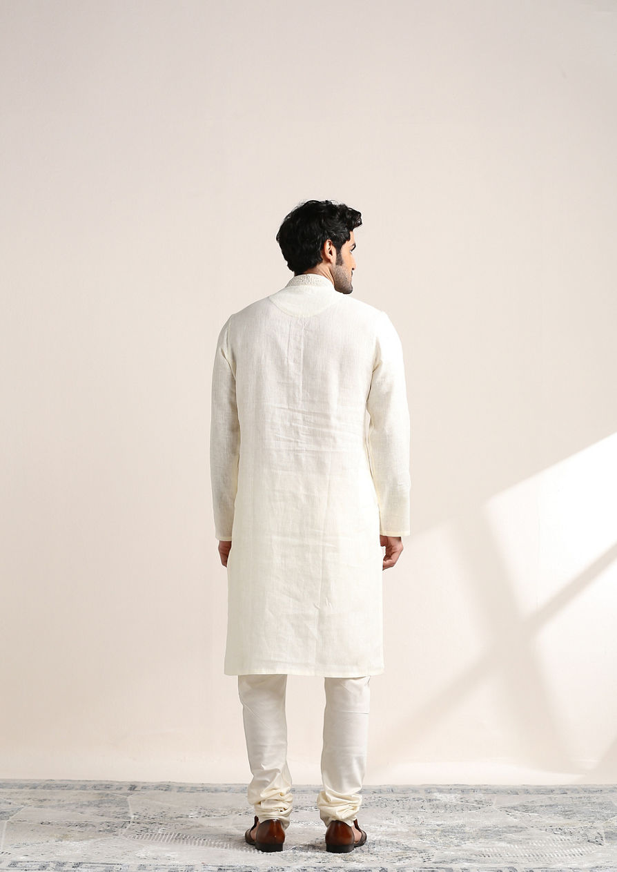 alt message - Twamev Men Soft Cream Embroidered Placket Kurta Set image number 4