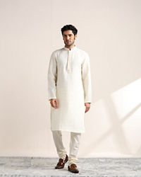 Twamev Men Soft Cream Embroidered Placket Kurta Set