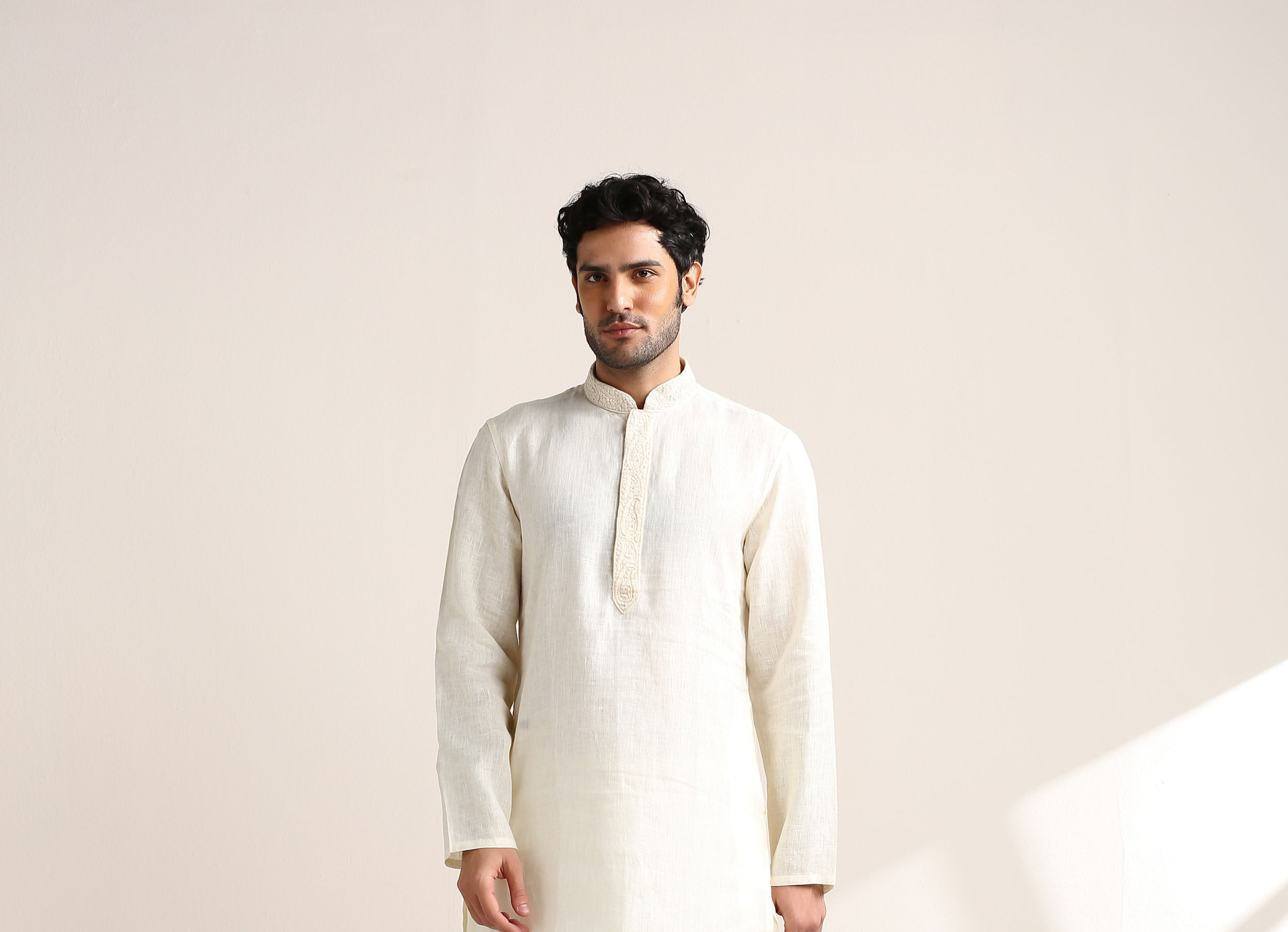 Twamev Men Soft Cream Embroidered Placket Kurta Set