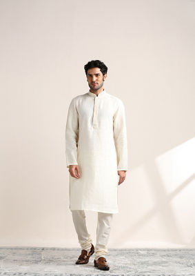 alt message - Twamev Men Soft Cream Embroidered Placket Kurta Set image number 2