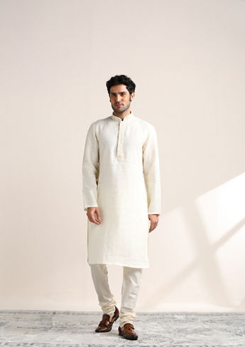 alt message - Twamev Men Soft Cream Embroidered Placket Kurta Set image number 2