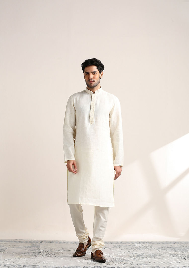 Twamev Men Soft Cream Embroidered Placket Kurta Set