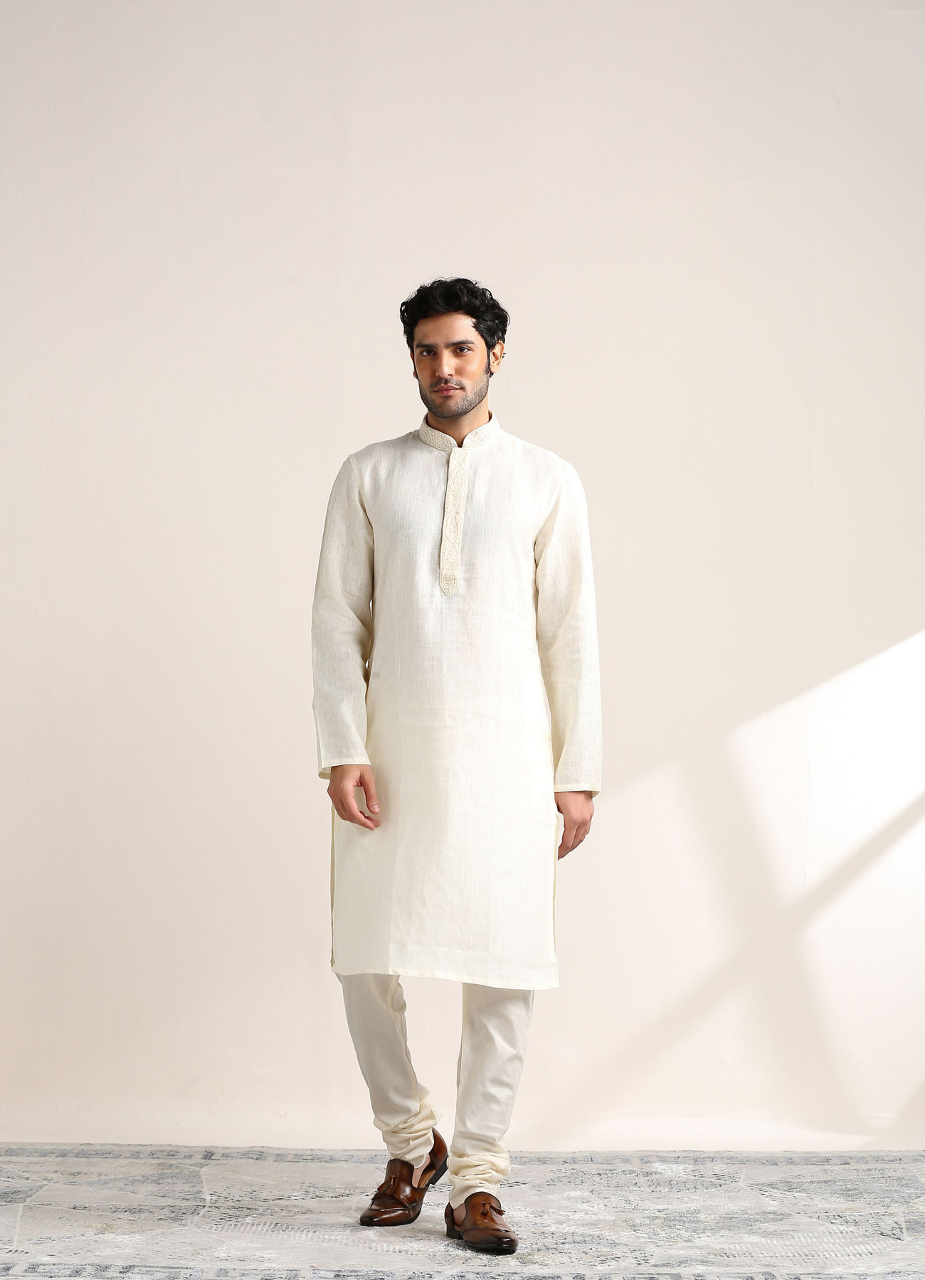 Twamev Men Soft Cream Embroidered Placket Kurta Set