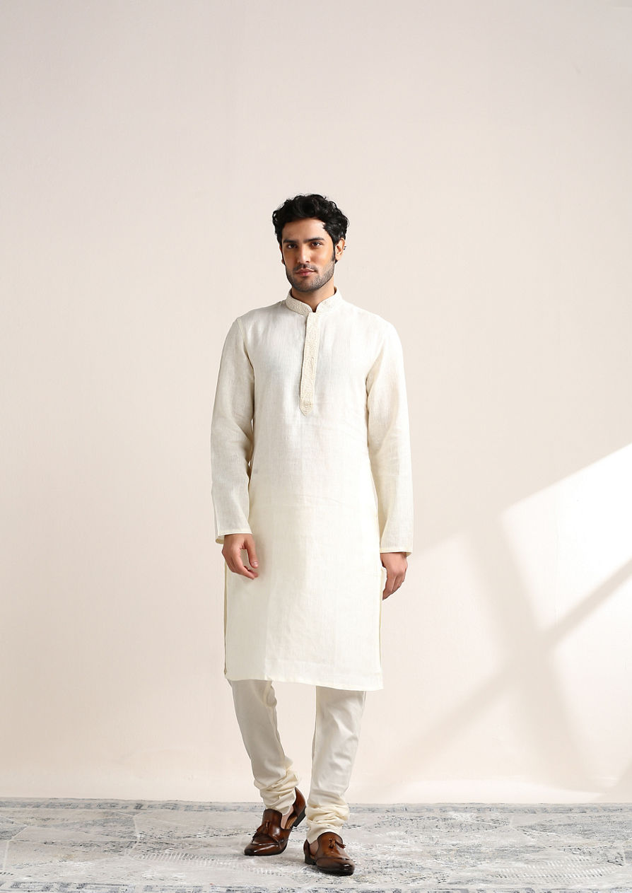 alt message - Twamev Men Soft Cream Embroidered Placket Kurta Set image number 2