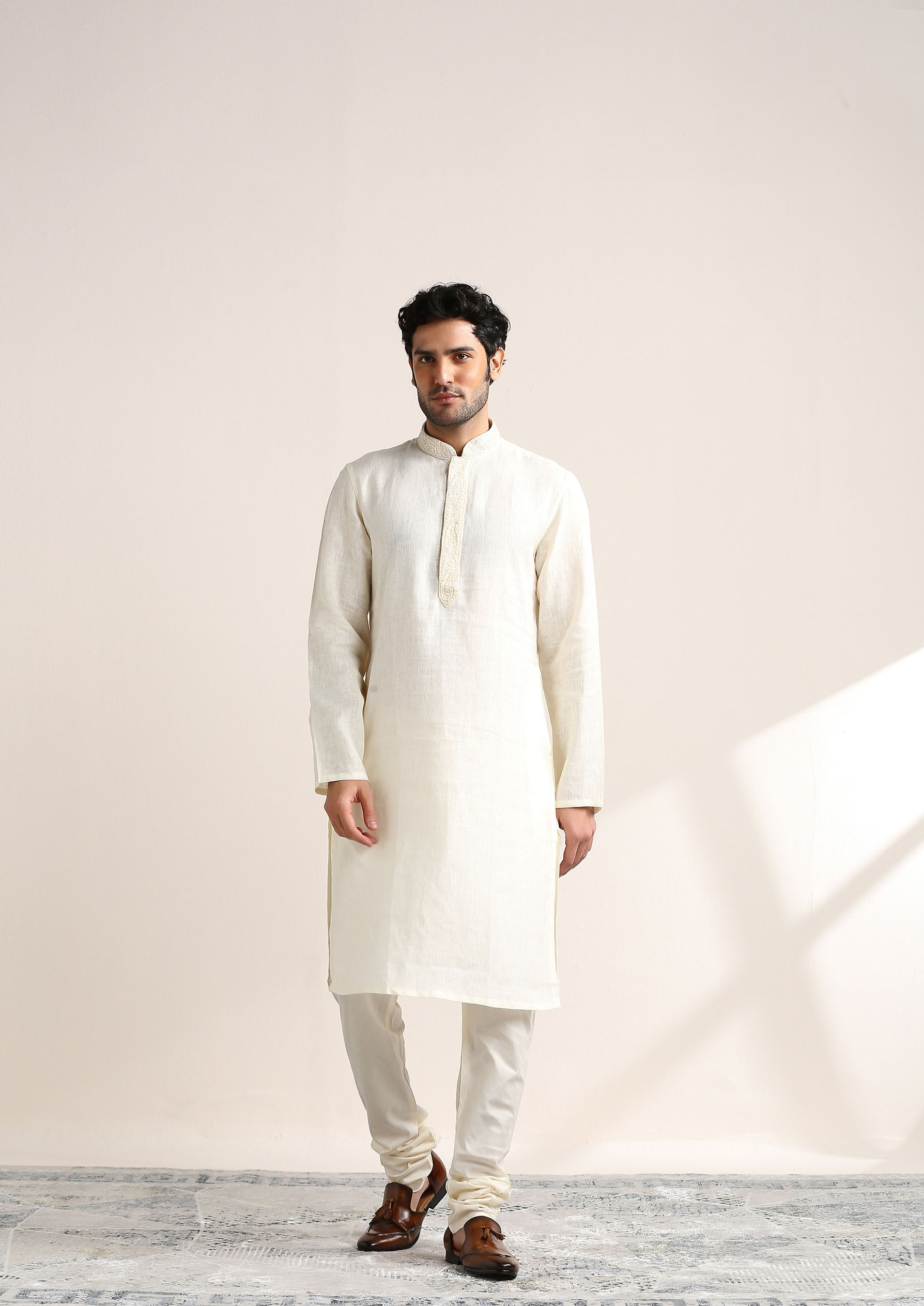 Twamev Men Soft Cream Embroidered Placket Kurta Set