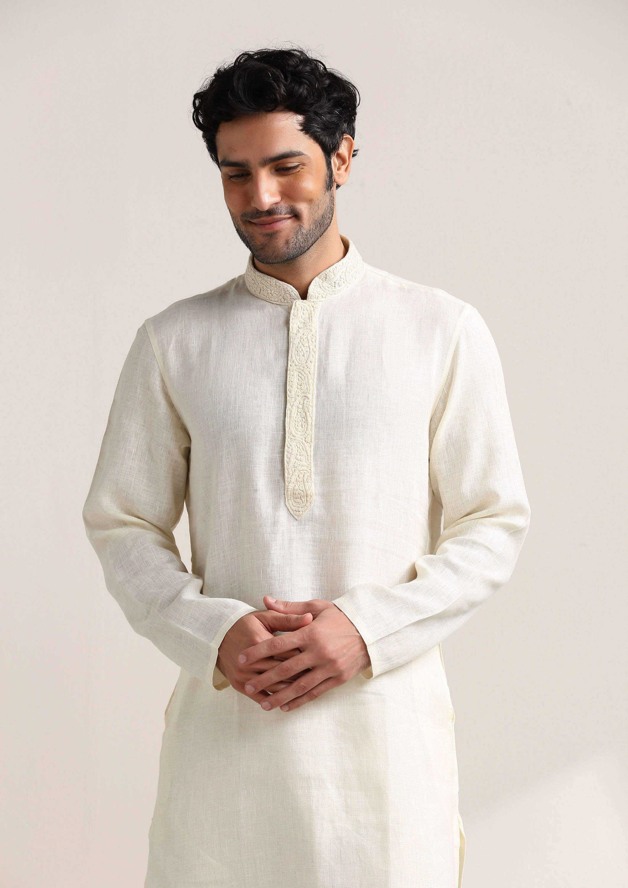 alt message - Twamev Men Soft Cream Embroidered Placket Kurta Set image number 0