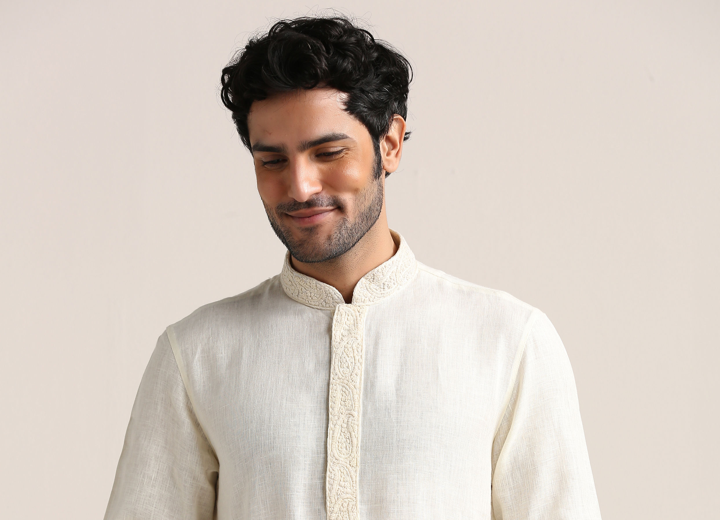 Twamev Men Soft Cream Embroidered Placket Kurta Set
