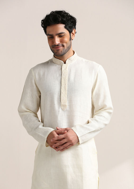 Twamev Men Soft Cream Embroidered Placket Kurta Set