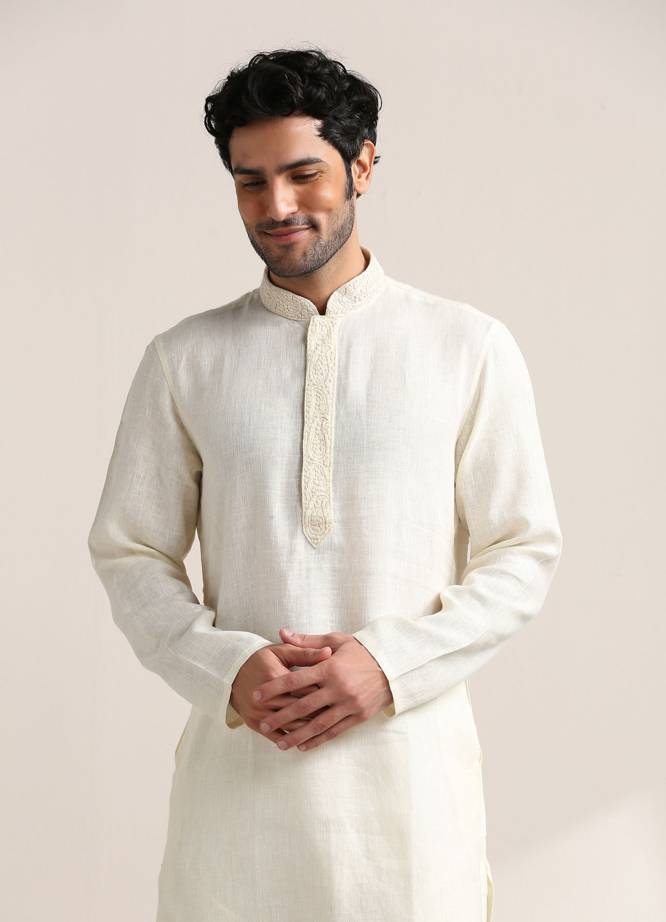 Twamev Men Soft Cream Embroidered Placket Kurta Set