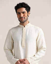 Twamev Men Soft Cream Embroidered Placket Kurta Set