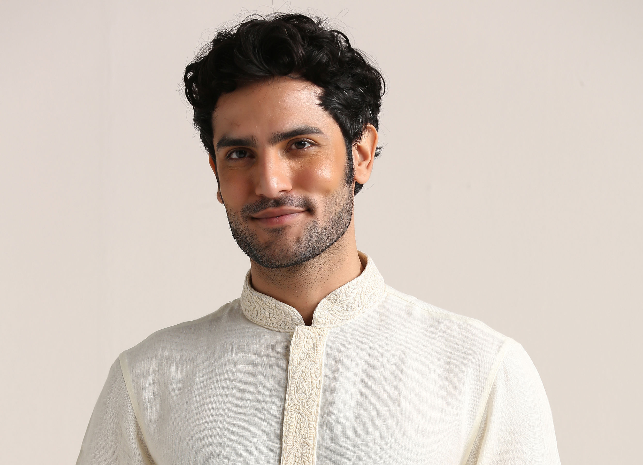 Twamev Men Soft Cream Embroidered Placket Kurta Set