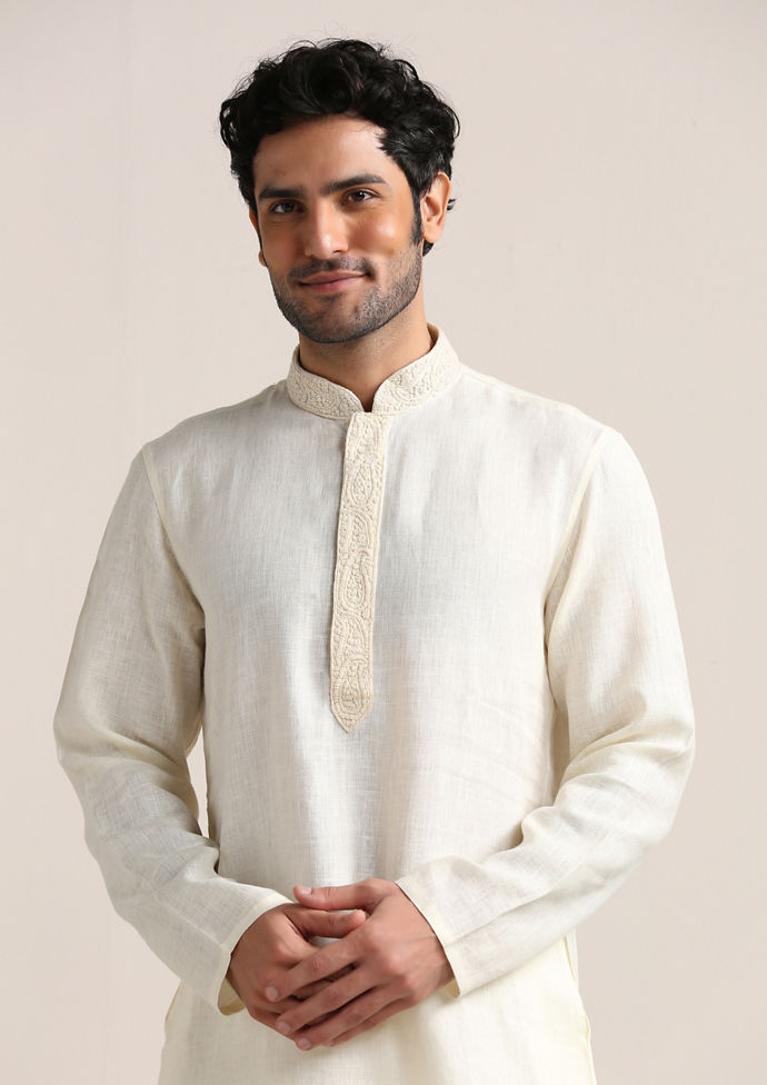 Twamev Men Ivory Linen Kashmiri Embroidered Kurta Set