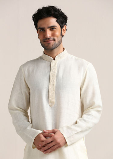 alt message - Twamev Men Soft Cream Embroidered Placket Kurta Set image number 1