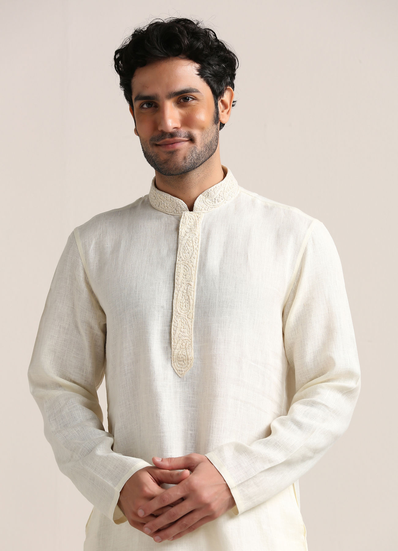 Twamev Men Soft Cream Embroidered Placket Kurta Set