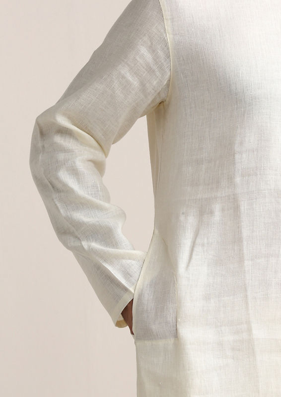 Twamev Men Soft Cream Embroidered Placket Kurta Set