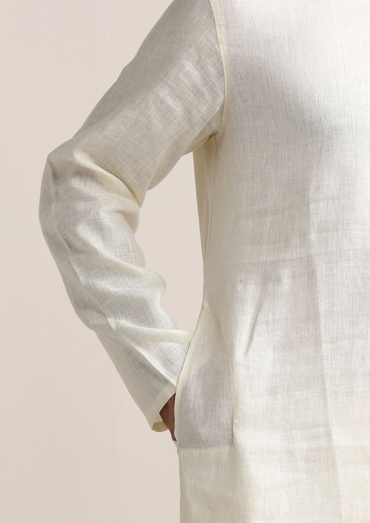 Twamev Men Soft Cream Embroidered Placket Kurta Set