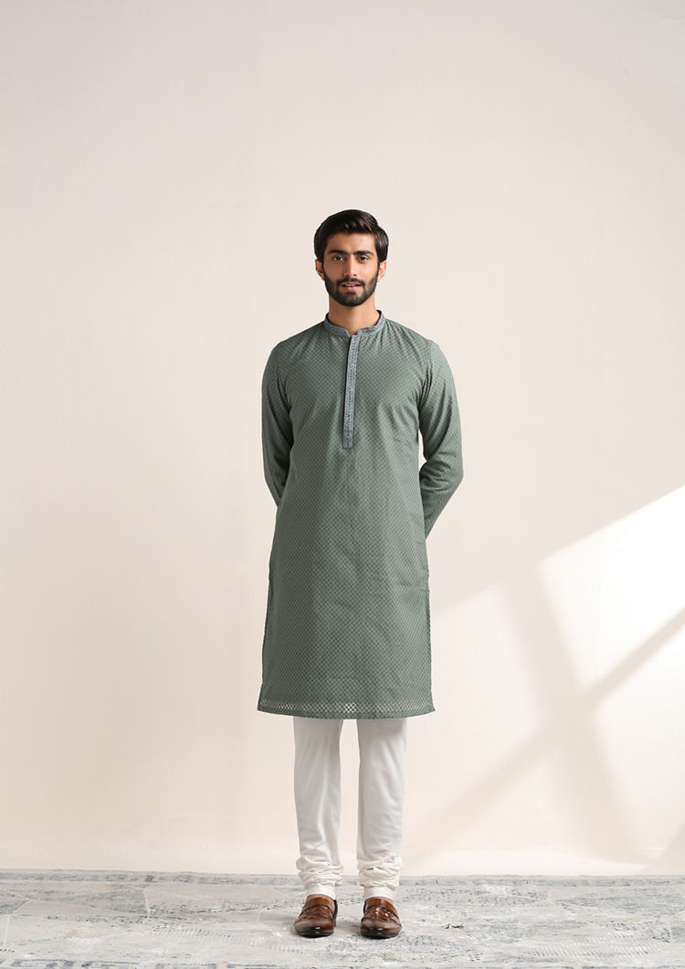 Twamev Men Gossamer Green Jacquard Patterned Kurta Set